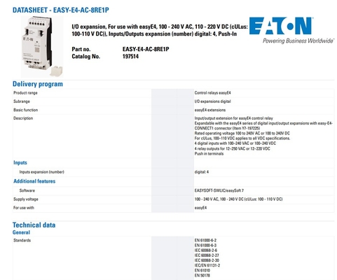 Fuente de alimentación DI/O 100-240V CA/CC EASY-E4-AC-16RE1P con terminales 8DI8RO y de inserción